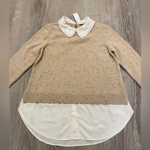 NEW Loft women's beige crew neck preppy sweater with a white collar- Size Small